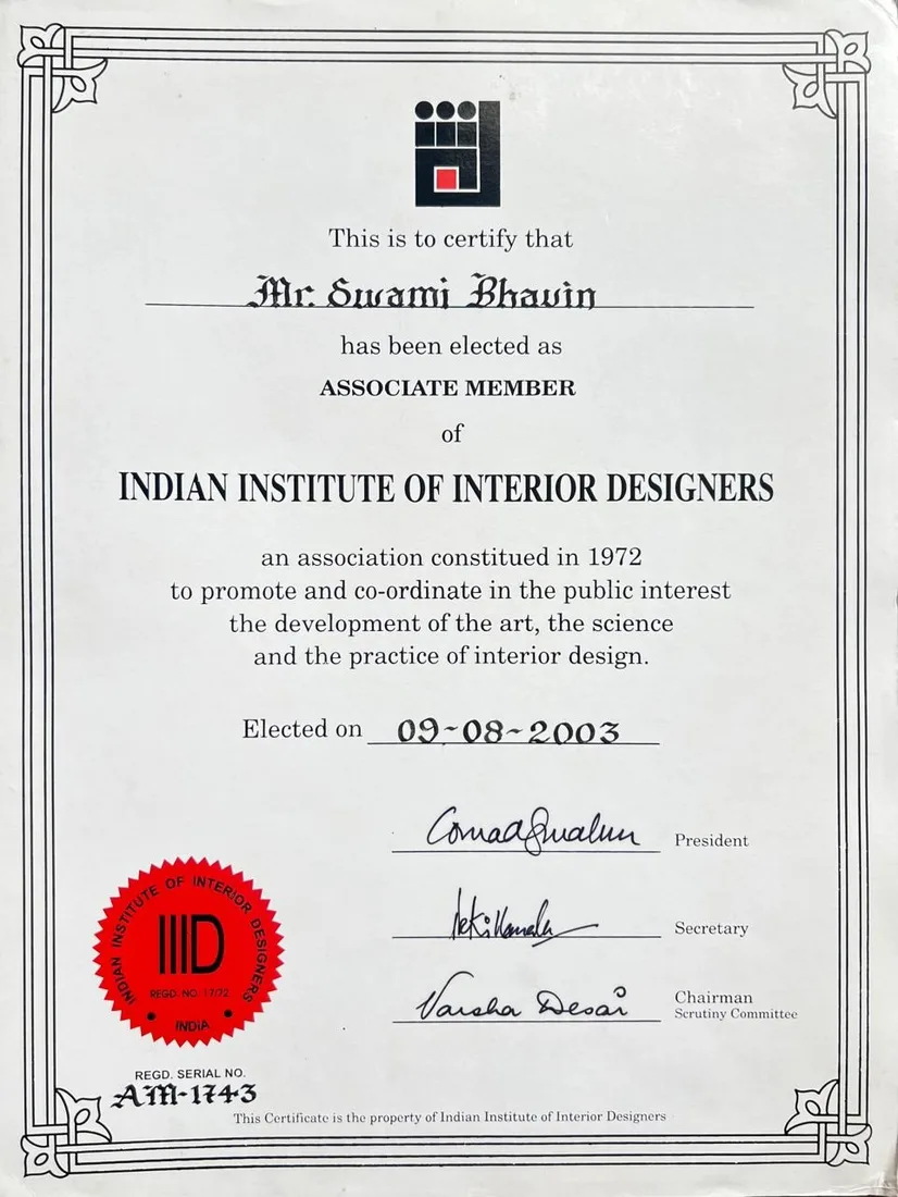 Indian Institute of Interior Designers Associate Member certificate