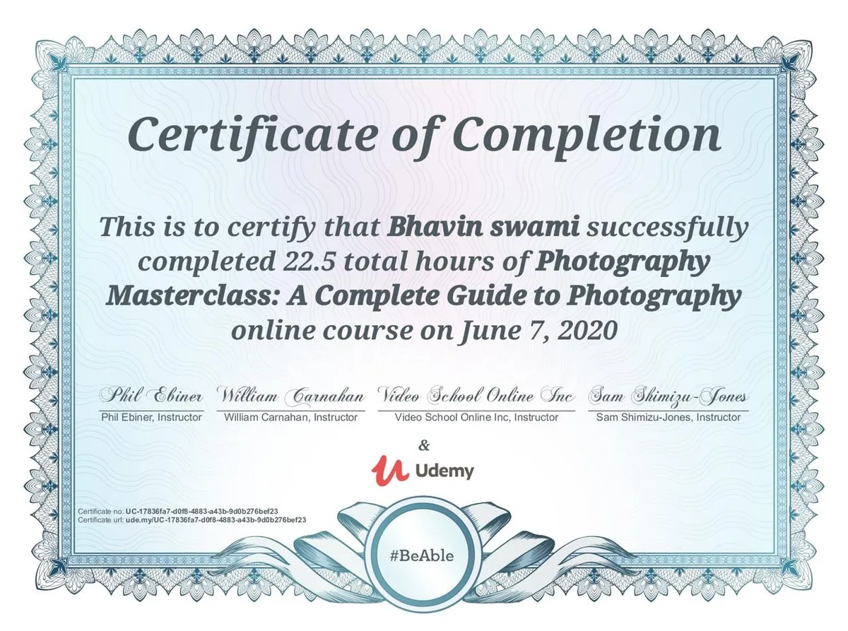 Udemy Photography Masterclass certificate of completion