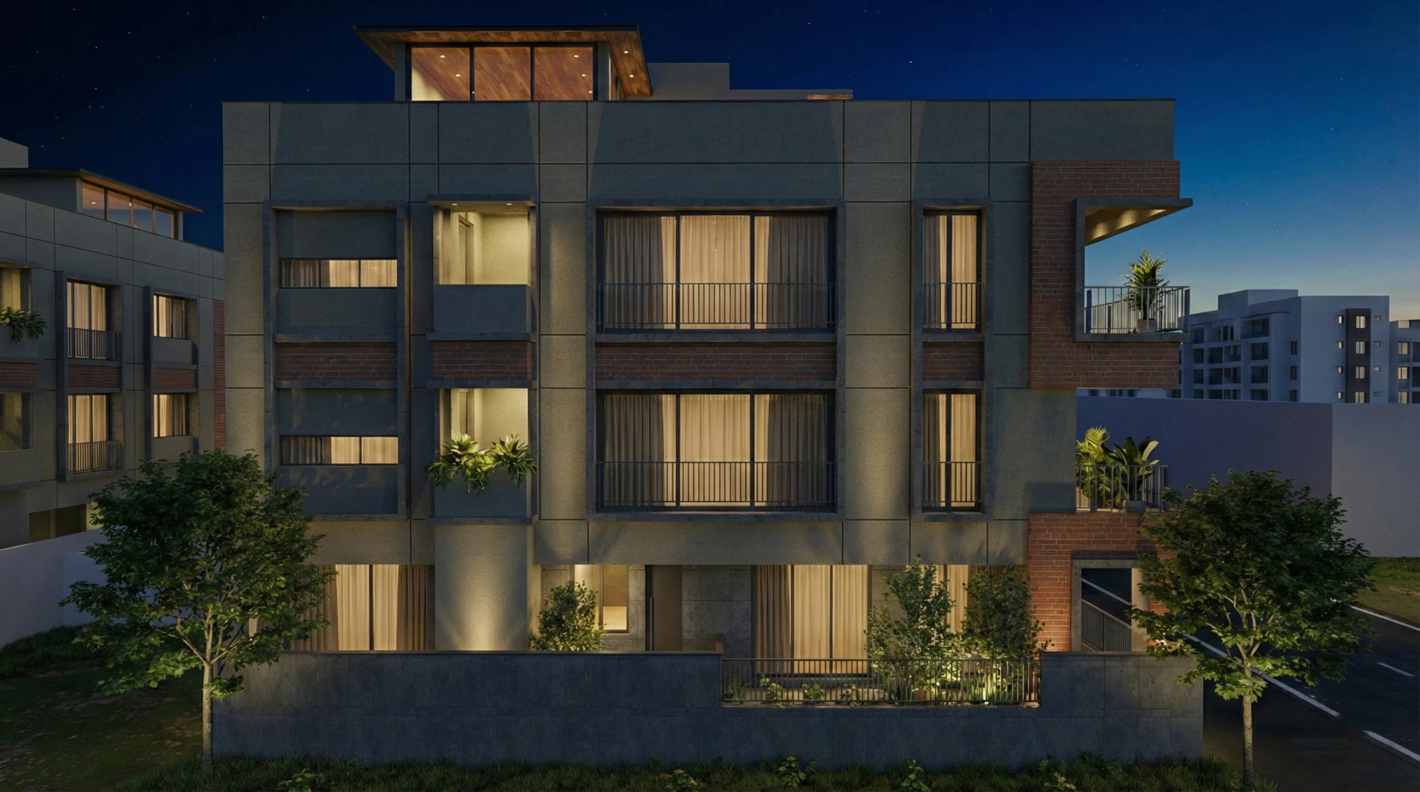 Asaṁvṛta, street elevation at night