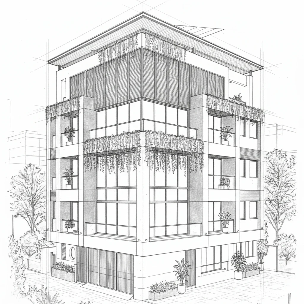 Ṛju, concept sketch, corner perspective