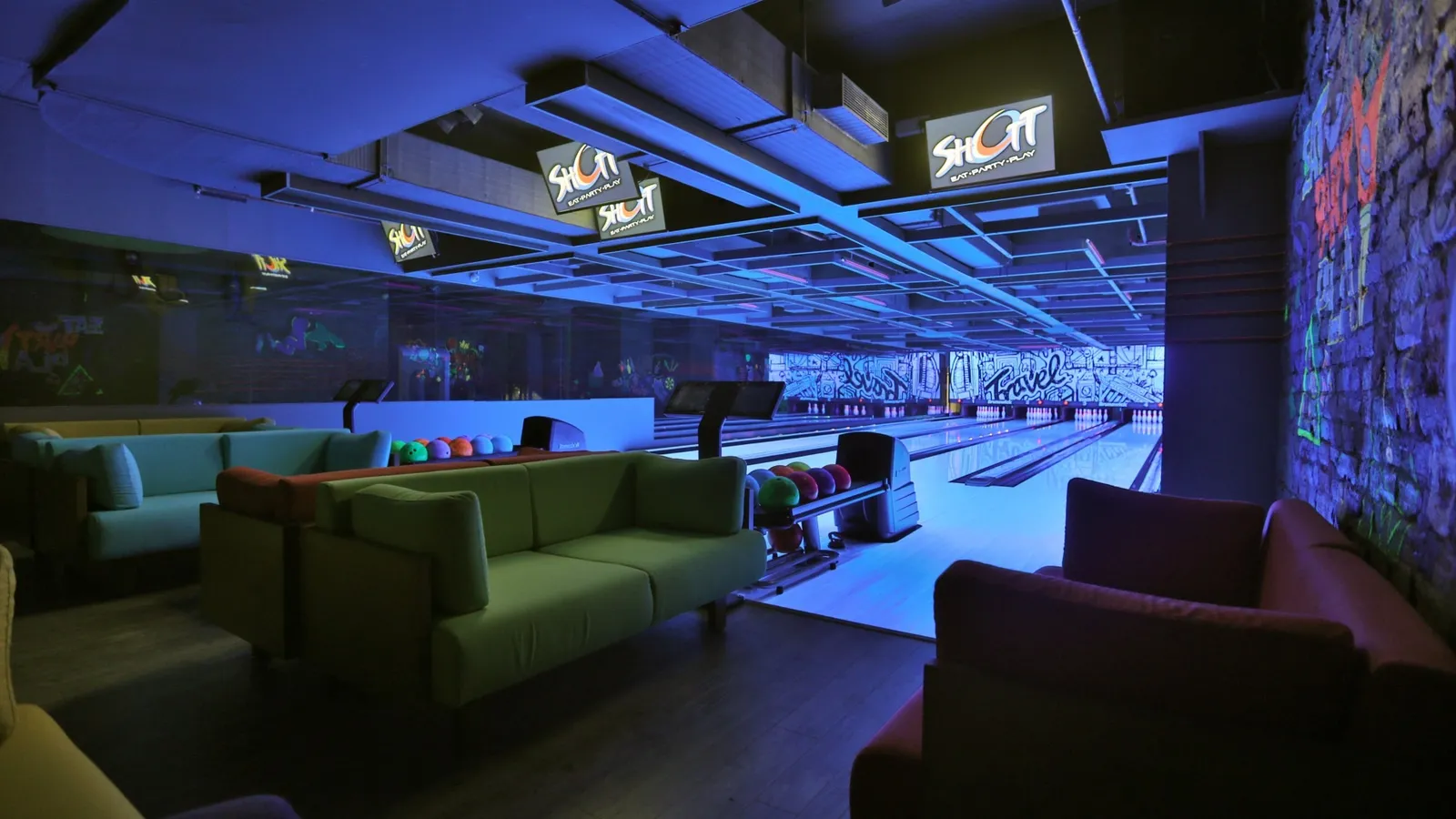 SHOTT neon-lit bowling alley