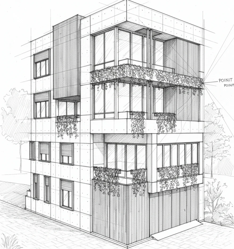 Vallabh Nivas, concept sketch, corner perspective