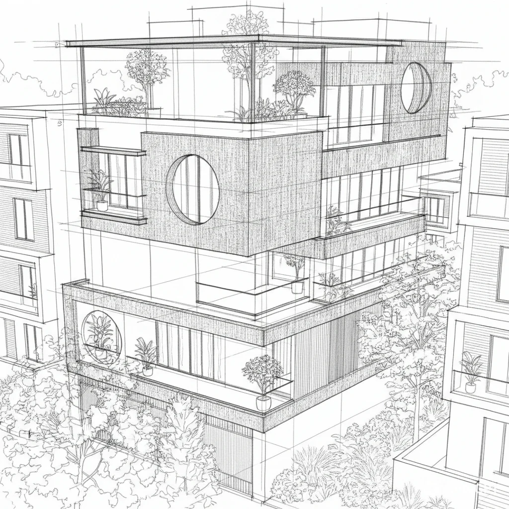 Vritta, concept sketch, corner perspective